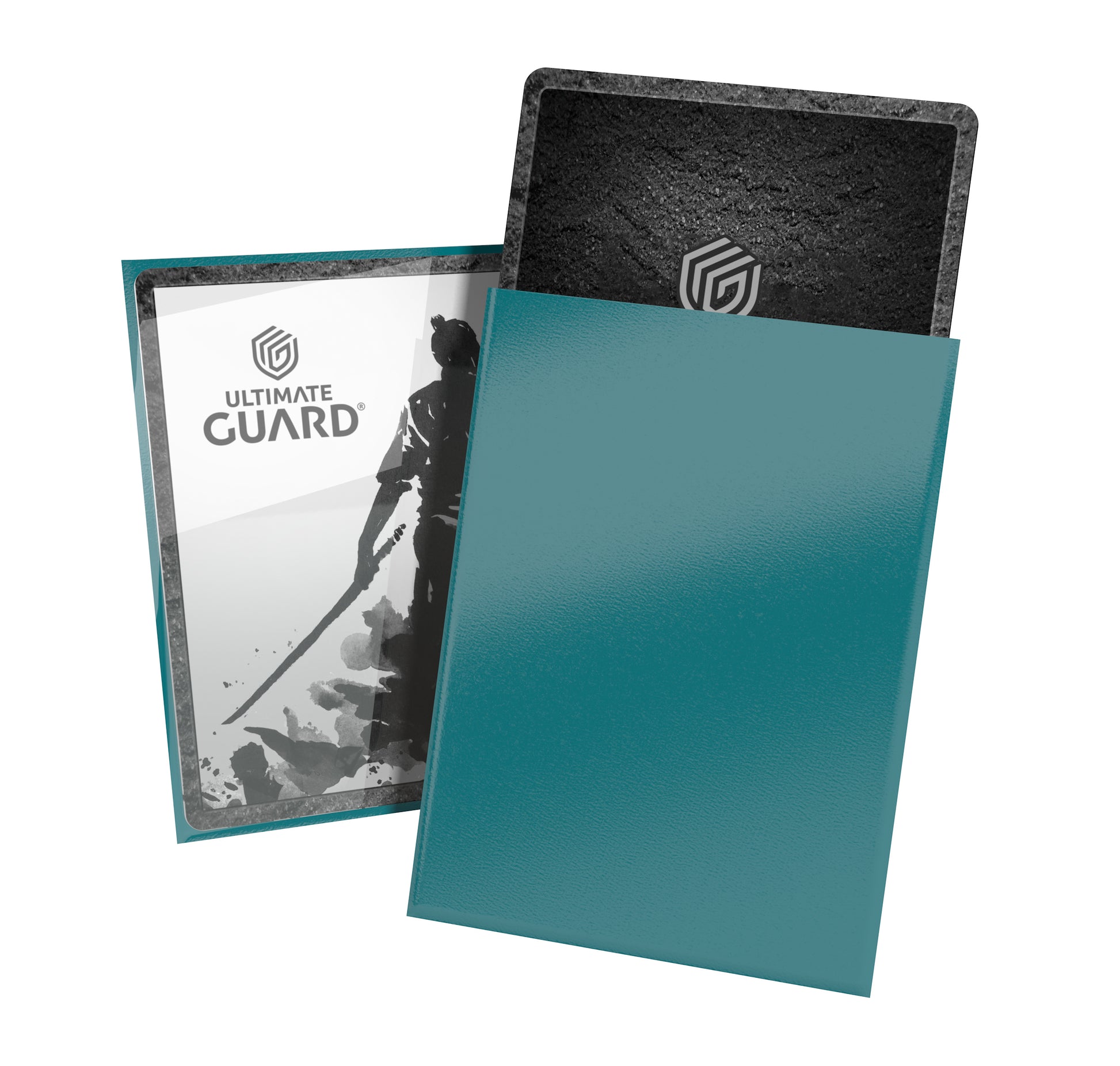 Katana Standard Sleeves 100 ct - Great Wave - Teal translucent card sleeve with smooth matte finish, holding black-backed card and illustrated card with grayscale art and