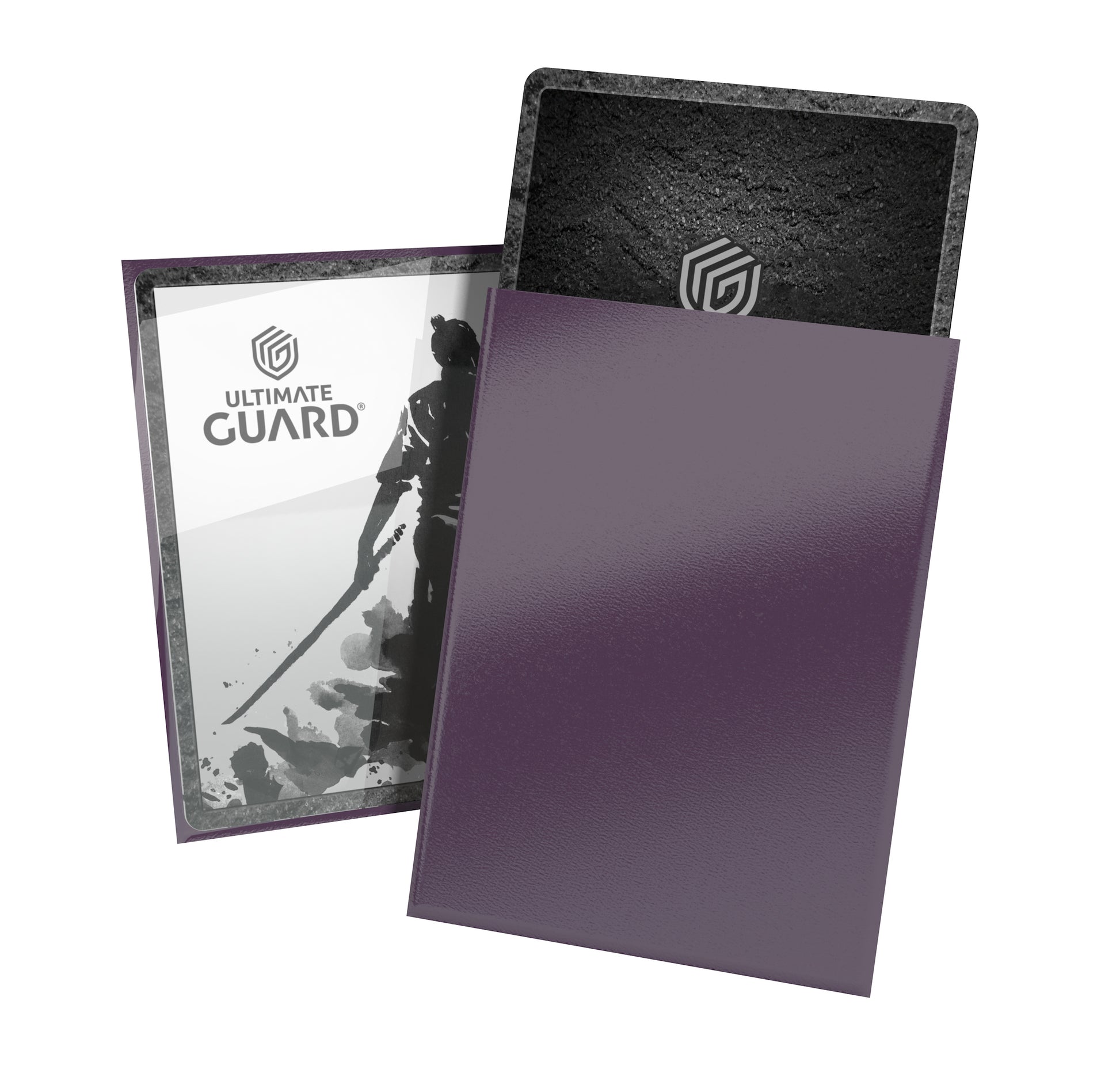 Katana Standard Sleeves 100 ct - Iris bloom - Matte purple standard card sleeves with smooth finish, holding two game cards vertically.