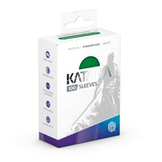 Katana Standard Sleeves 100 ct - Jade Garden - White rectangular box with green circular cutout showing jade green card sleeves inside, branded Katana 100 Sleeves,.