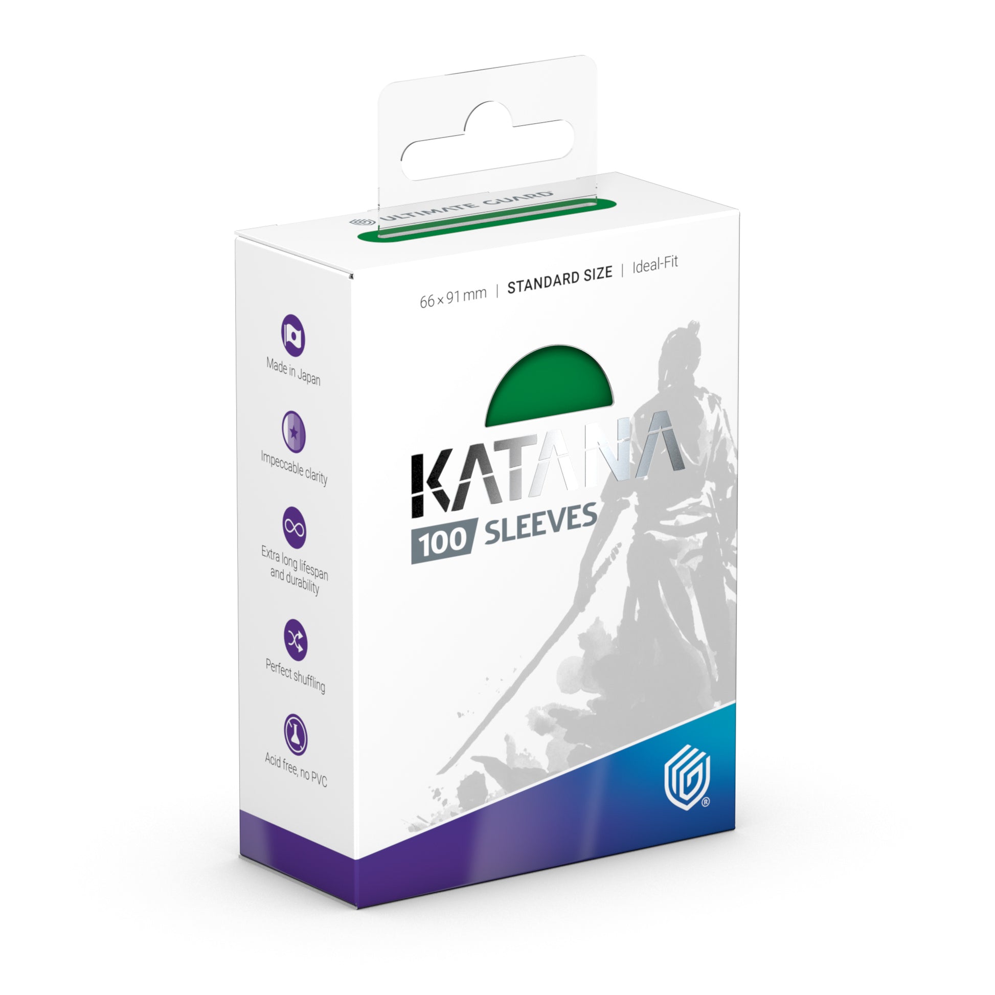 Katana Standard Sleeves 100 ct - Jade Garden - White rectangular box with green circular cutout showing jade green card sleeves inside, branded Katana 100 Sleeves,.
