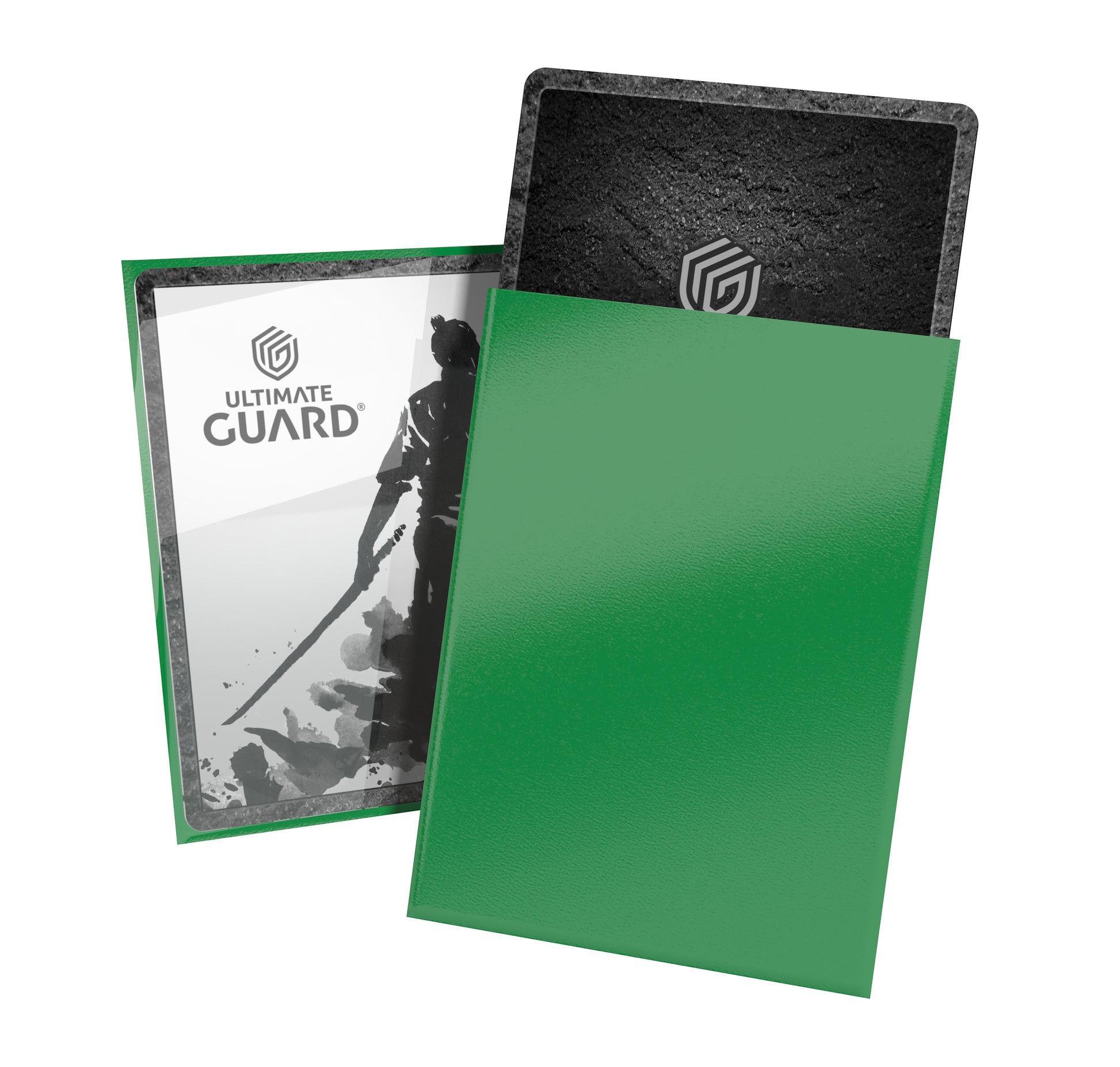 Katana Standard Sleeves 100 ct - Jade Garden - Solid jade green card sleeves with smooth matte finish, standard size for trading cards, partially showing black and white.