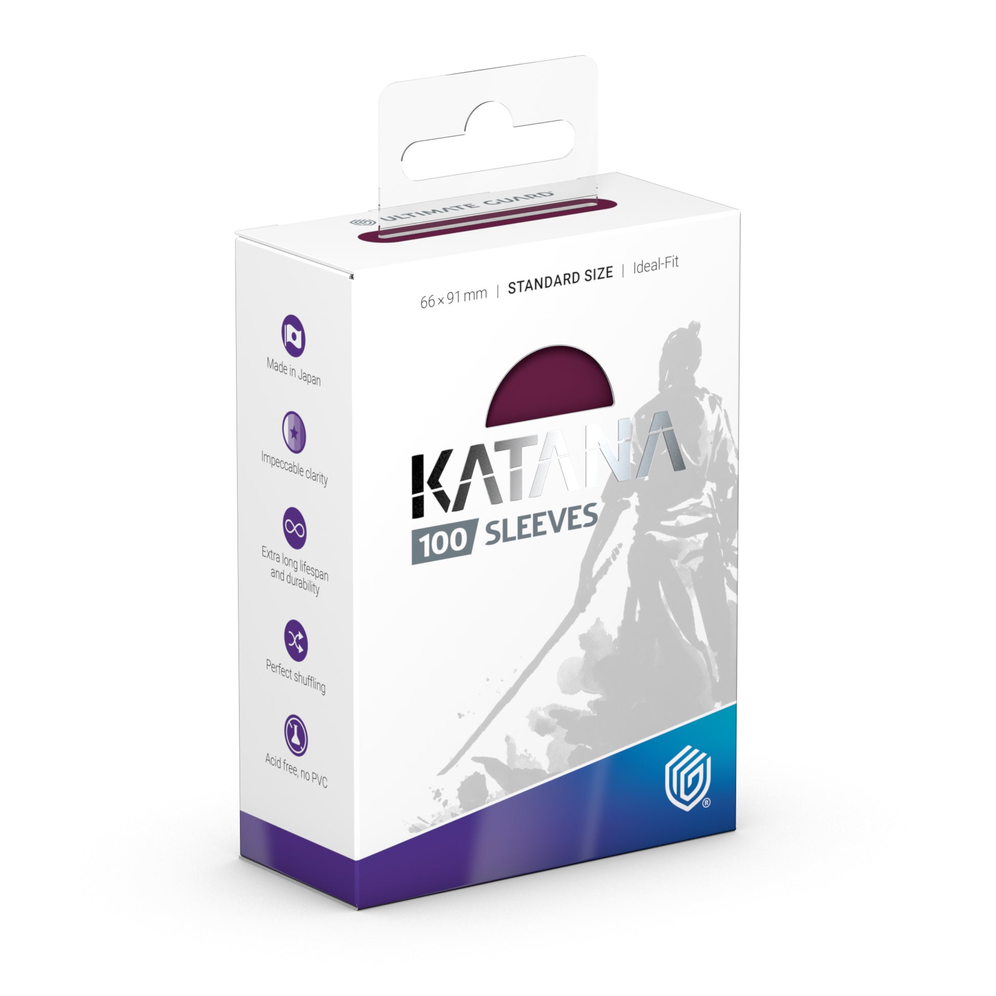 Katana Standard Sleeves 100 ct - Radiant Plum - White and purple box of 100 Katana standard card sleeves in radiant plum with silhouette design and hexagon logo on bottom.