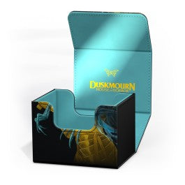 Ultimate Guard Sidewinder: 100+ Xenoskin Magic: The Gathering Duskmourn - The Wandering Rescuer - The Gathering card storage box with gold Duskmourn dragon art and turquoise interior lining with yellow logo text.