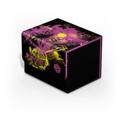 Ultimate Guard Sidewinder: 100+ Xenoskin Magic: The Gathering Duskmourn - Zimone, All Questioning - Black rectangular card storage box with neon pink and yellow abstract art and a central yellow button on top.
