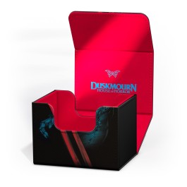 Ultimate Guard Sidewinder: 100+ Xenoskin Magic: The Gathering Duskmourn - Marvin, Murderous Mimic - Black and red open card storage box with Duskmourn Marvin, Murderous Mimic artwork and blue logo inside lid.