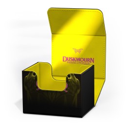 Ultimate Guard Sidewinder: 100+ Xenoskin Magic: The Gathering Duskmourn - Victor, Valgavotha's Seneschal - Black and yellow Ultimate Guard Sidewinder deck box with Duskmourn logo, designed to hold 100+ sleeved Magic cards.