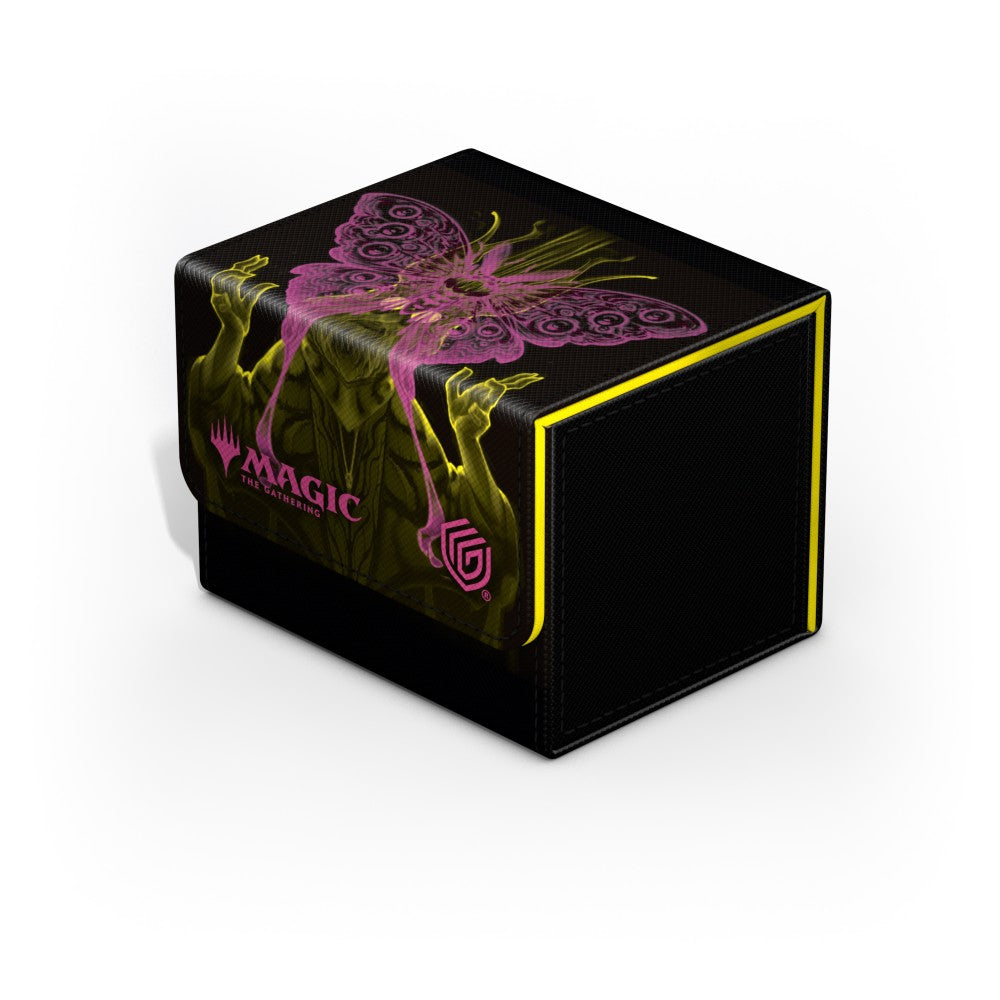 Ultimate Guard Sidewinder: 100+ Xenoskin Magic: The Gathering Duskmourn - Victor, Valgavotha's Seneschal - Black rectangular card deck box with yellow edges, featuring purple and gold intricate winged design and Magic branding.