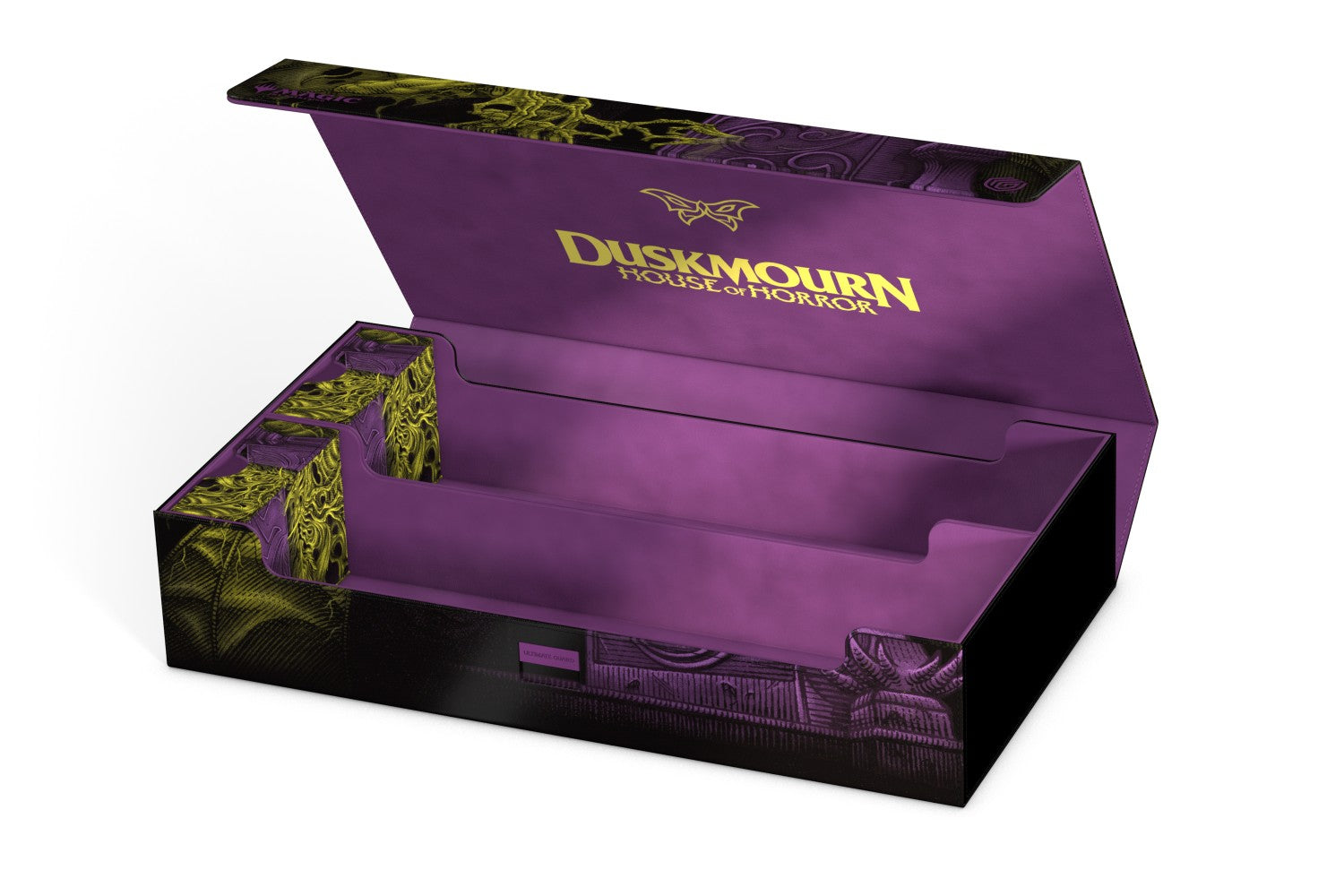 Ultimate Guard Omnihive: 1000+ Xenoskin Magic: The Gathering Duskmourn - Purple and black rectangular storage box with hinged lid, gold Duskmourn logo, and fantasy-themed artwork, designed for card