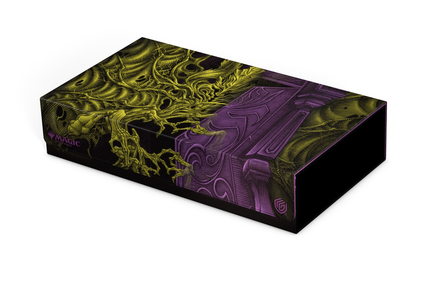 Ultimate Guard Omnihive: 1000+ Xenoskin Magic: The Gathering Duskmourn - Rectangular card storage box with black base, covered in detailed green and purple fantasy artwork.