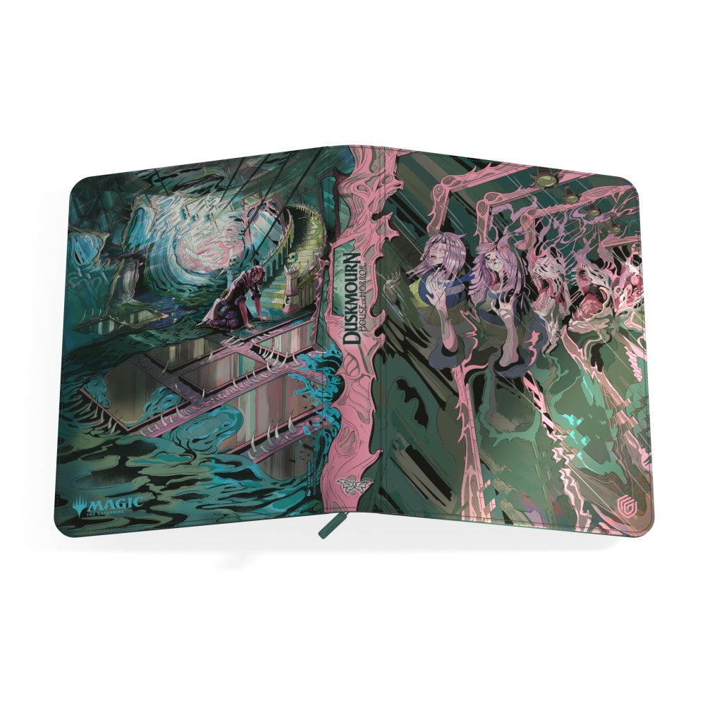 Ultimate Guard Zipfolio: 360 Xenoskin Magic: The Gathering Duskmourn - Mirror Room - Green and pink zippered card folio with fantasy mirror room artwork and stylized horses on cover.