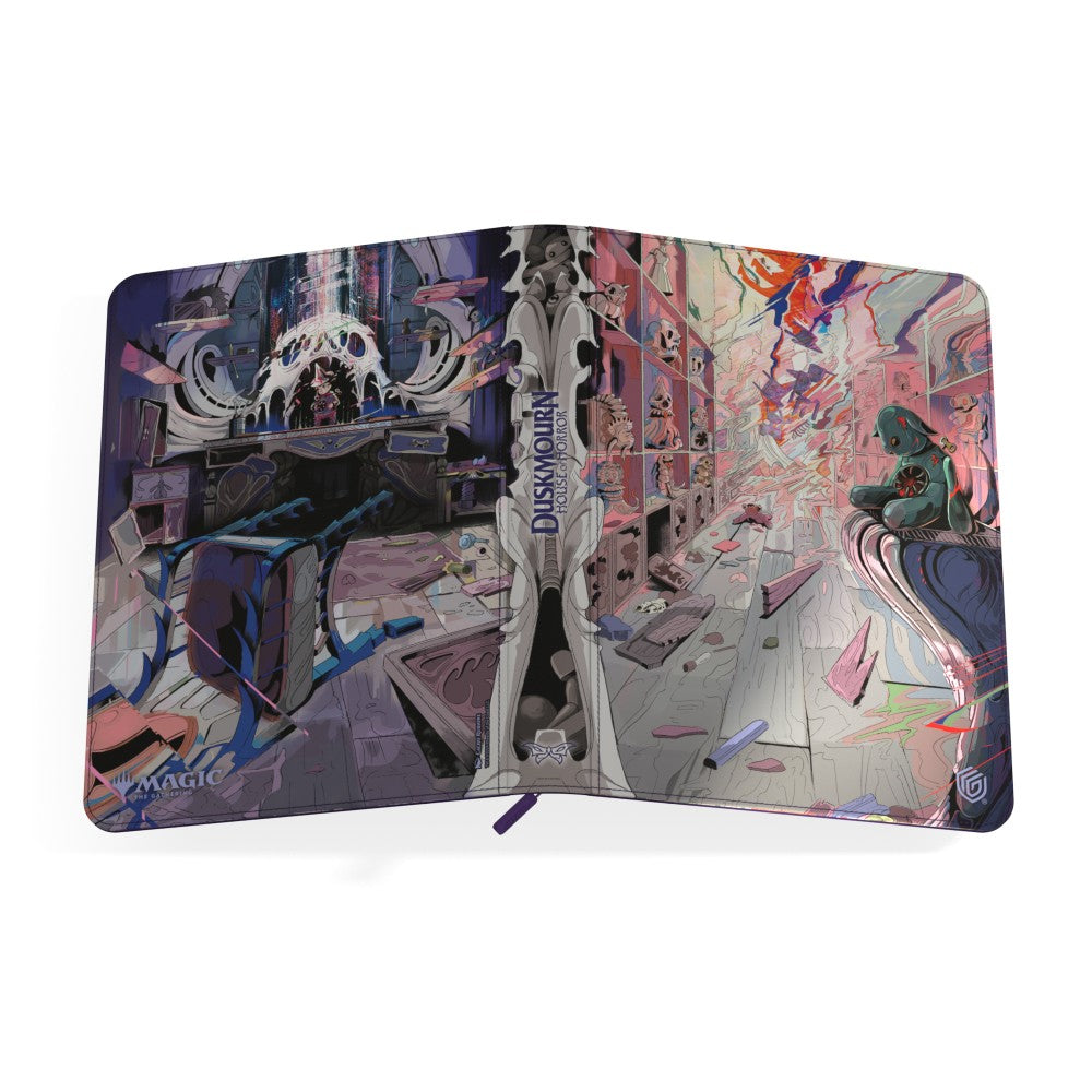 Ultimate Guard Zipfolio: 360 Xenoskin Magic: The Gathering Duskmourn - Porcelain Gallery - Folded zipfolio with abstract artwork featuring dark blue, pink, and purple tones, showcasing a surreal, fantasy-themed.