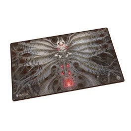Ultimate Guard Play-Mat: Magic: The Gathering Duskmourn - Valgavoth, Terror Eater - Dark fantasy playmat with intricate gray tentacles and glowing red eyes, smooth fabric surface.