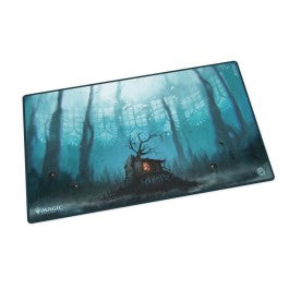Ultimate Guard Play-Mat: Magic: The Gathering Duskmourn - Lakeside Shack - Dark fantasy playmat featuring a misty blue forest with a glowing lakeside shack and skeletal deer silhouette.