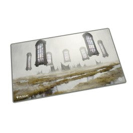 Ultimate Guard Play-Mat: Magic: The Gathering Duskmourn - Abandoned Campground - Rectangular playmat with a muted color palette, featuring gothic window frames floating above a misty, abandoned marshland.