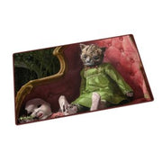 Ultimate Guard Play-Mat: Magic: The Gathering Duskmourn - Twitching Doll - Playmat featuring a creepy doll with a cat mask in a green dress seated on a red tufted armchair.