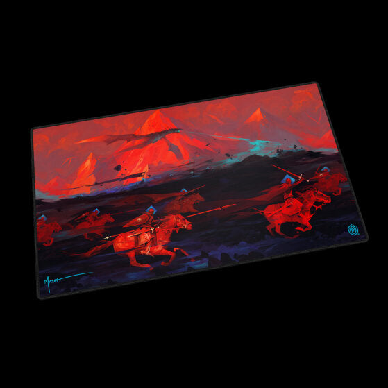 Ultimate Guard Play-Mat 2024 Exclusive Dominik Mayer: Crowned with Fire - Rectangular playmat with vivid red and black tones depicting two horsemen riding through a fiery volcanic landscape.