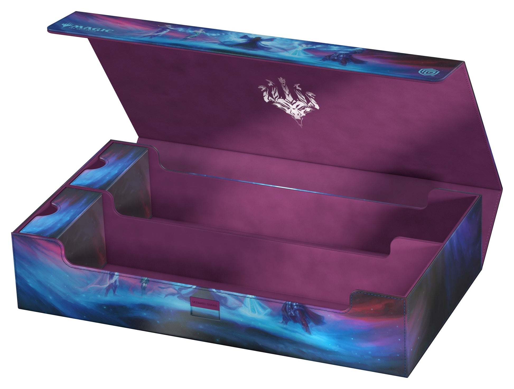 Ultimate Guard Omnihive: 1000+ Xenoskin Magic: The Gathering Dragonstorm - Rectangular card storage box with purple interior and blue outer design featuring abstract patterns and a white emblem.