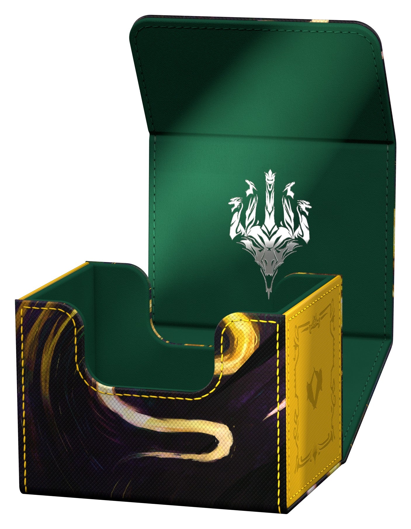Ultimate Guard Sidewinder 100+ - Magic: The Gathering Tarkir: Dragonstorm - Eerie Ultimatum - Black and yellow rectangular deck box with gold accents and a white emblem inside the green flap.