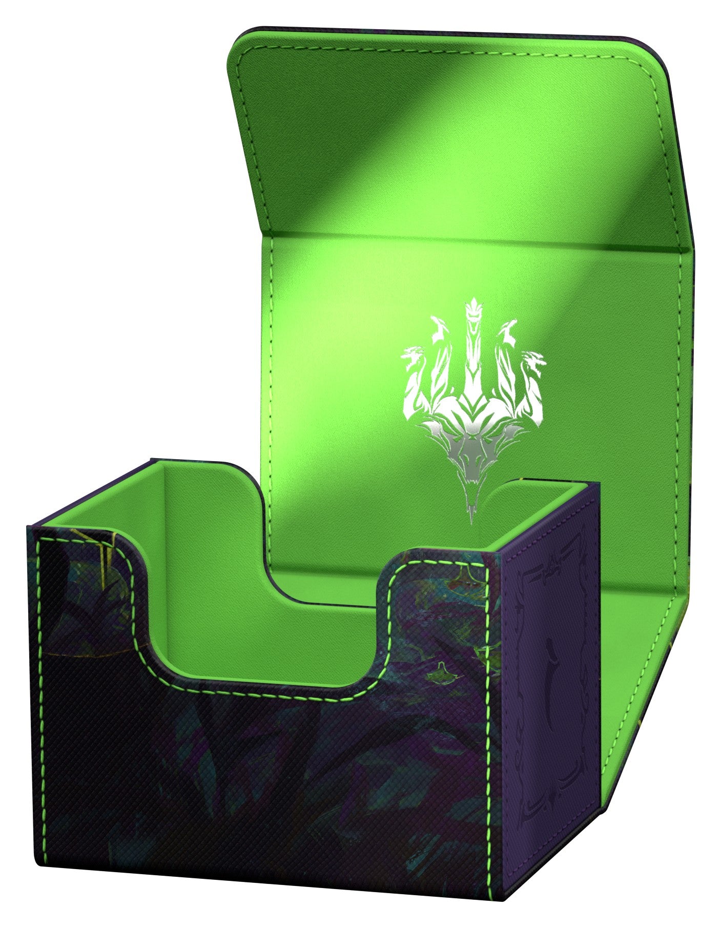 Ultimate Guard Sidewinder 100+ - Magic: The Gathering Tarkir: Dragonstorm - Emergent Ultimatum - Dark purple and green card deck box with a glossy finish, bright green interior flap featuring a white emblem design,.