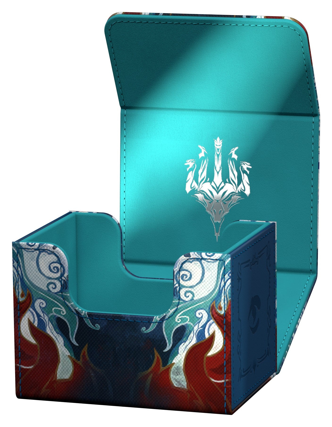 Ultimate Guard Sidewinder 100+ - Magic: The Gathering Tarkir: Dragonstorm - Inspired Ultimatum - Blue and red rectangular deck box with white rune-like symbols and flame designs, open lid showing interior emblem.