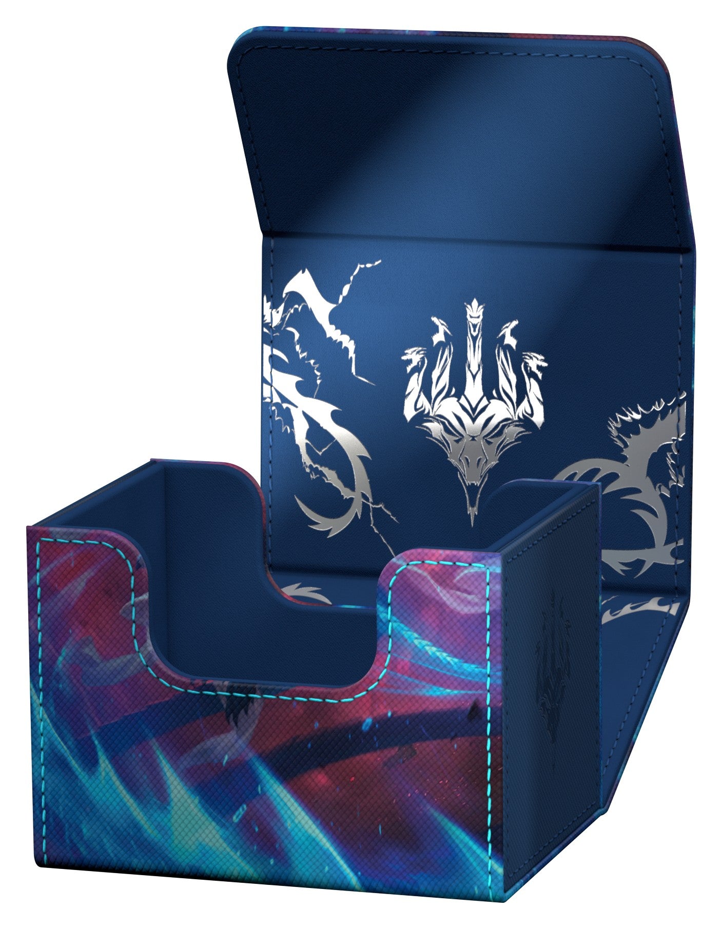 Ultimate Guard Sidewinder 100+ - Magic: The Gathering Tarkir: Dragonstorm - Ugin, Eye of the Storms - Dark blue card deck box with purple and teal abstract patterns, featuring silver dragon and emblem designs on the interior.