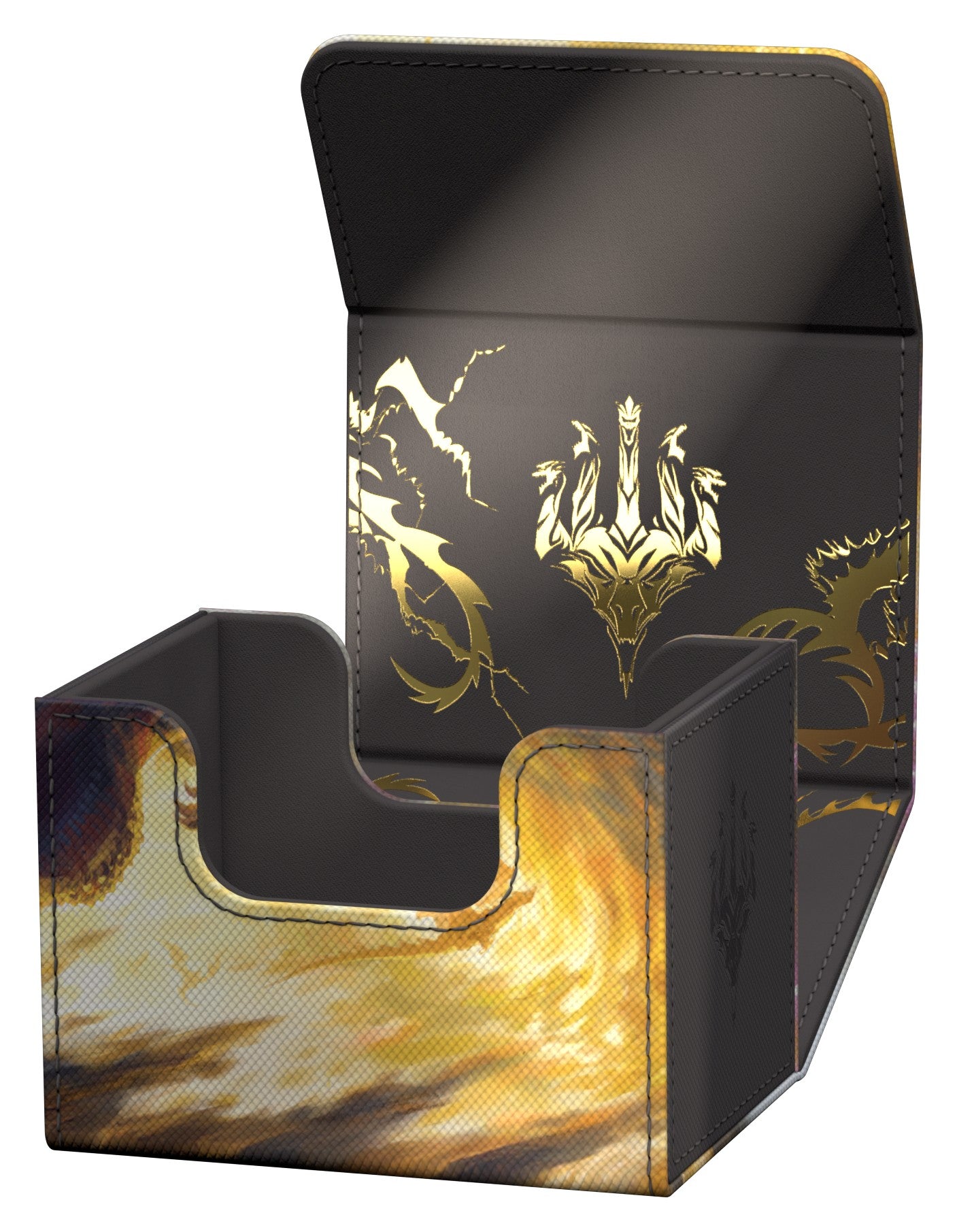 Ultimate Guard Sidewinder 100+ - Magic: The Gathering Tarkir: Dragonstorm - Stormscale Scion - The Gathering deck box with dragon emblem and flame design, open flap.