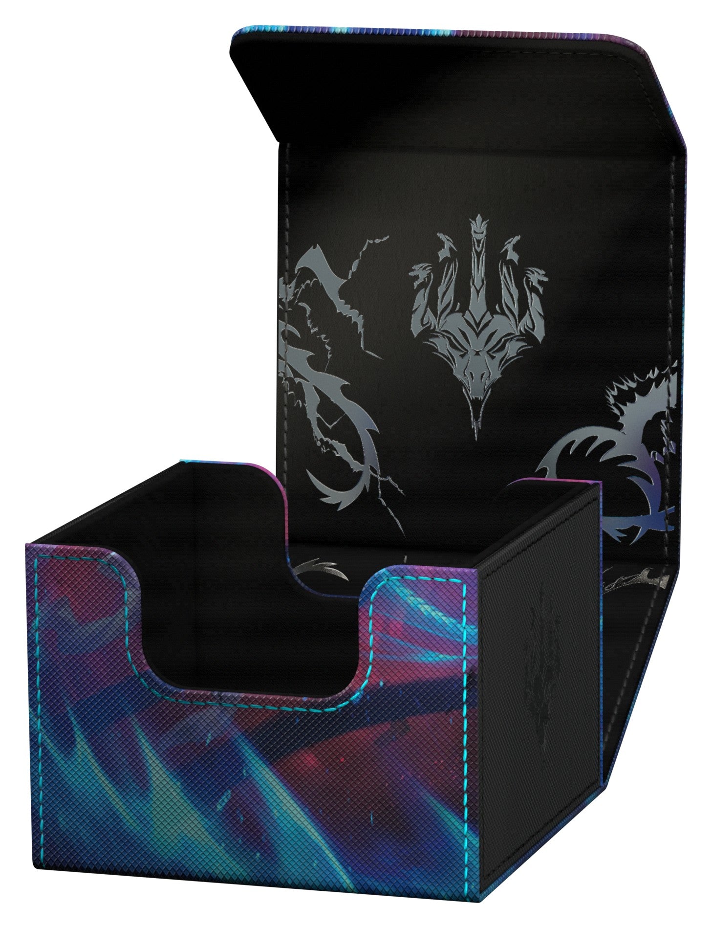 Ultimate Guard Sidewinder 133+ - Magic: The Gathering Tarkir: Dragonstorm - Ugin, Eye of the Storms - Holographic blue and purple rectangular deck box with black interior, silver dragon and emblem design, and fold-over.