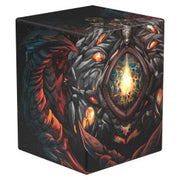 Ultimate Guard Boulder 100+ Tarkir Dragonstorm - Black and red rectangular card deck box featuring a fiery dragon eye design with glowing orange and yellow accents.
