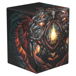 Ultimate Guard Boulder 100+ Tarkir Dragonstorm - Black and red rectangular card deck box featuring a fiery dragon eye design with glowing orange and yellow accents.