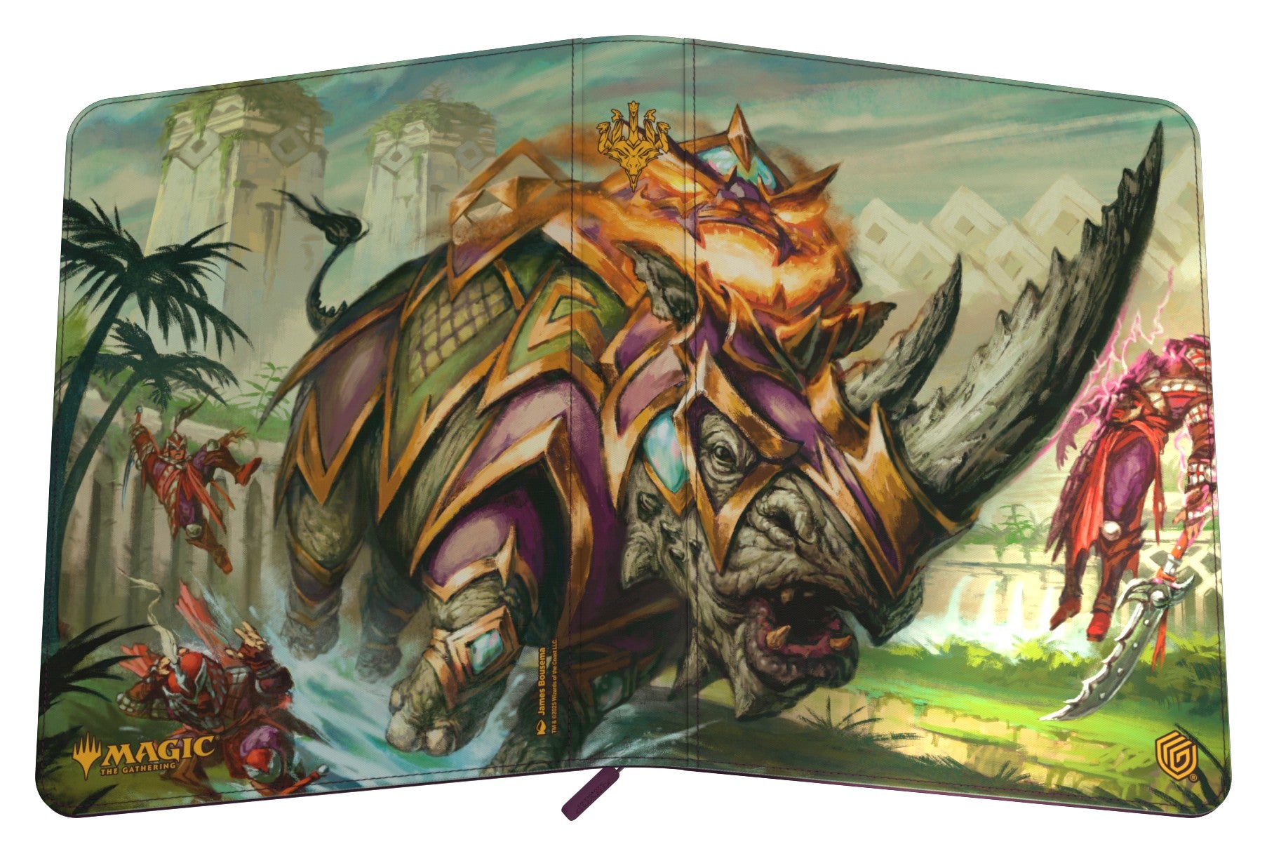 Magic the Gathering: Tarkir Dragonstorm: Skirmish Rhino 9-pocket Zipfolio - Zipfolio binder featuring colorful fantasy artwork of a large armored rhino with spikes and a dragon rider against a lush,.