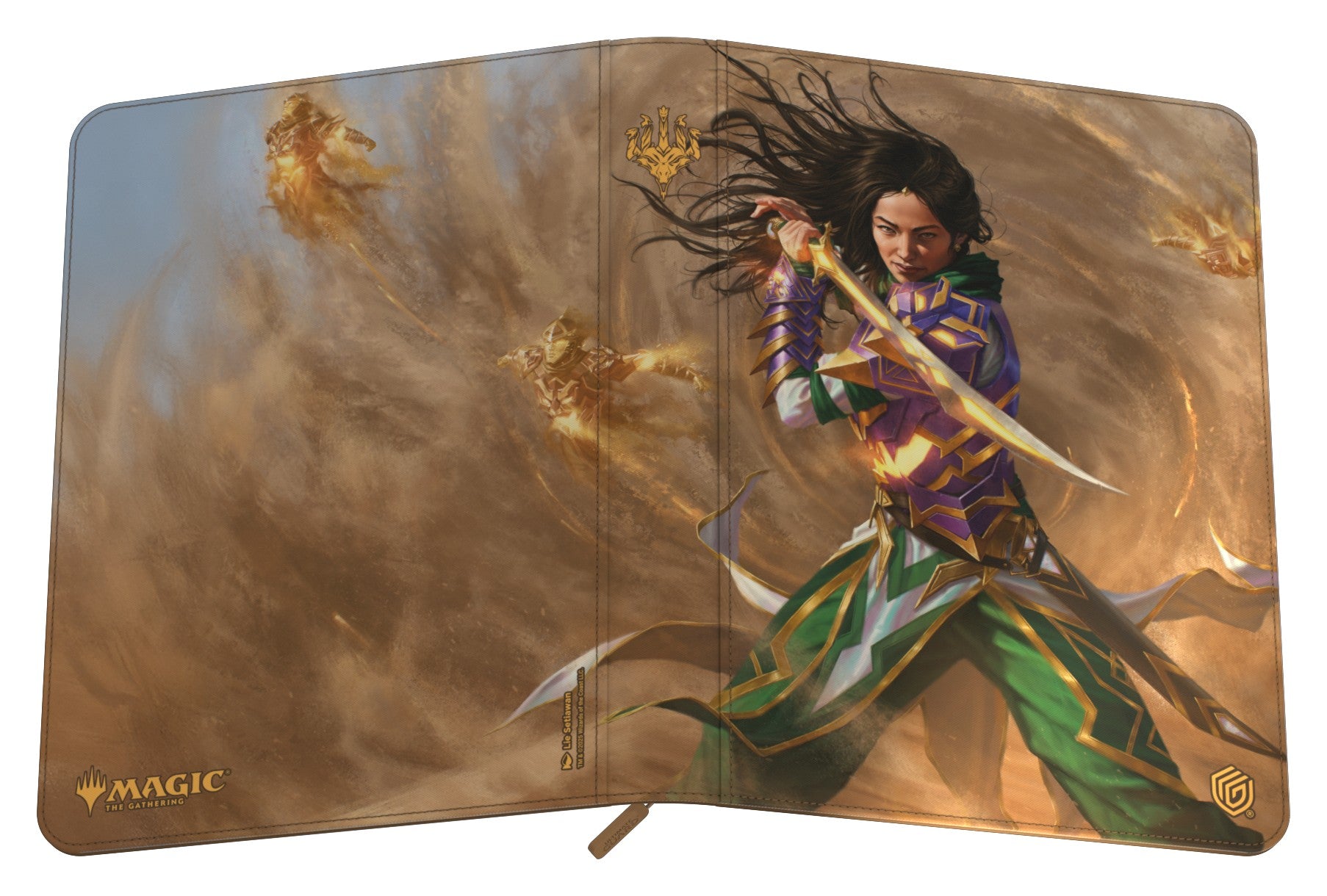 Magic the Gathering: Tarkir Dragonstorm: Desecendant of Storms 9-pocket Zipfolio - Magic the Gathering 9-pocket zipfolio with a dynamic fantasy warrior wielding a sword on a dusty, swirling background, gold.