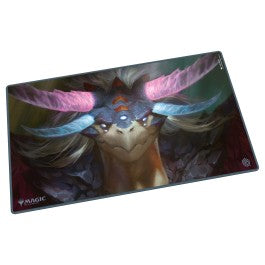 Ultimate Guard Play-Mat, Tarkir Dragonstorm: Shiko - Play-mat featuring a detailed fantasy dragon with glowing eyes and multicolored horns on a dark, mystical background.