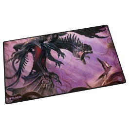 Ultimate Guard Play-Mat, Tarkir Dragonstorm: Feral Deathgorger - Rectangular playmat with dark purple and black fantasy dragon artwork, smooth fabric surface, stitched edges.