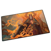 Ultimate Guard Play-Mat, Tarkir Dragonstorm: Abzan Devotee - Rectangular play-mat featuring a dark-robed figure with fiery orange flames swirling around, vibrant fantasy art on smooth.