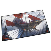 Ultimate Guard Play-Mat, Tarkir Dragonstorm: Mystic Monastery - Play-mat featuring red-sailed airship flying over a snowy temple landscape with intricate dark hull design.