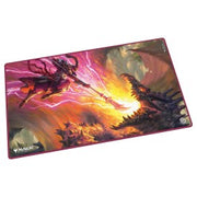 Ultimate Guard Play-Mat, Tarkir Dragonstorm: Worthy Cost - Rectangular playmat with vibrant fantasy art of a winged warrior casting fire at a fierce dragon, dark tones with bright.