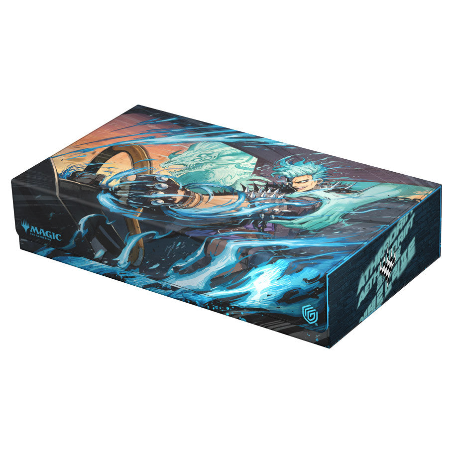 Deck Box: Omnihive: 1000+: Magic the Gathering: Aetherdrift - Rectangular deck box with vibrant blue and orange fantasy artwork featuring a warrior and mystical energy, designed for.