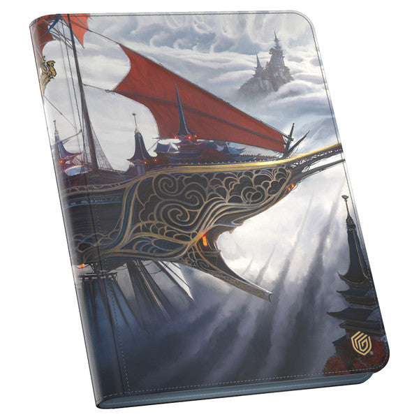 Magic the Gathering: Tarkir Dragonstorm: Mystic Monastery 9-pocket Zipfolio - Zipfolio with dark fantasy art of a flying ship featuring red sails, intricate gold detailing, and a misty mountainous.