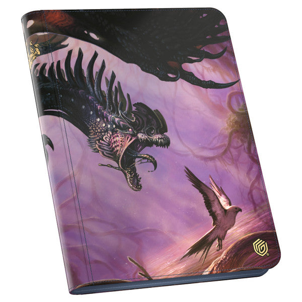 Magic the Gathering: Tarkir Dragonstorm: Feral Deathgorger 9-pocket Zipfolio - Purple zipfolio with fierce black dragon and flying bird graphics, smooth synthetic cover, rounded edges.