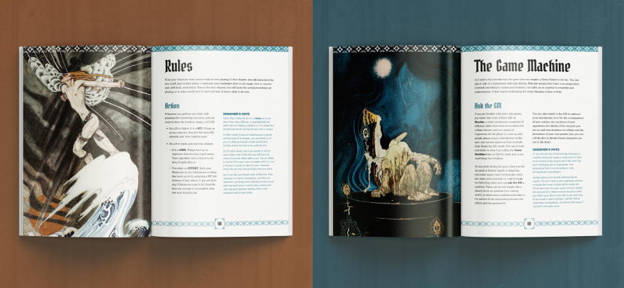 Against the Wind - Open RPG book "Against the Wind" with black-and-white fantasy artwork on left page and detailed game rules text on right.