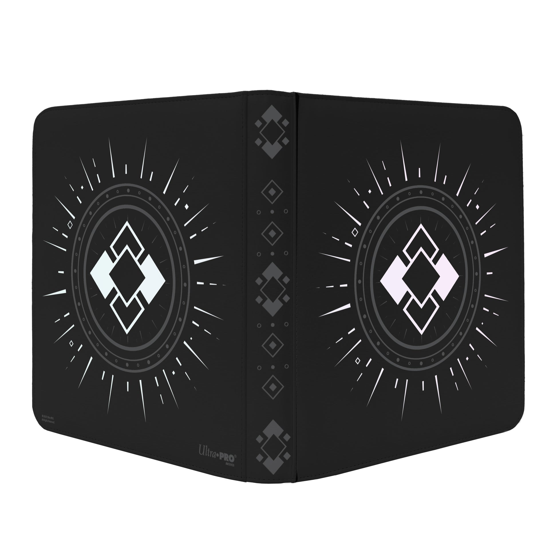 Ultra Pro Zippered PRO 12-Pocket Binder - Obsidian (PREORDER) - Black zippered binder with 12 pockets, featuring white geometric designs and subtle diamond patterns on spine and covers.