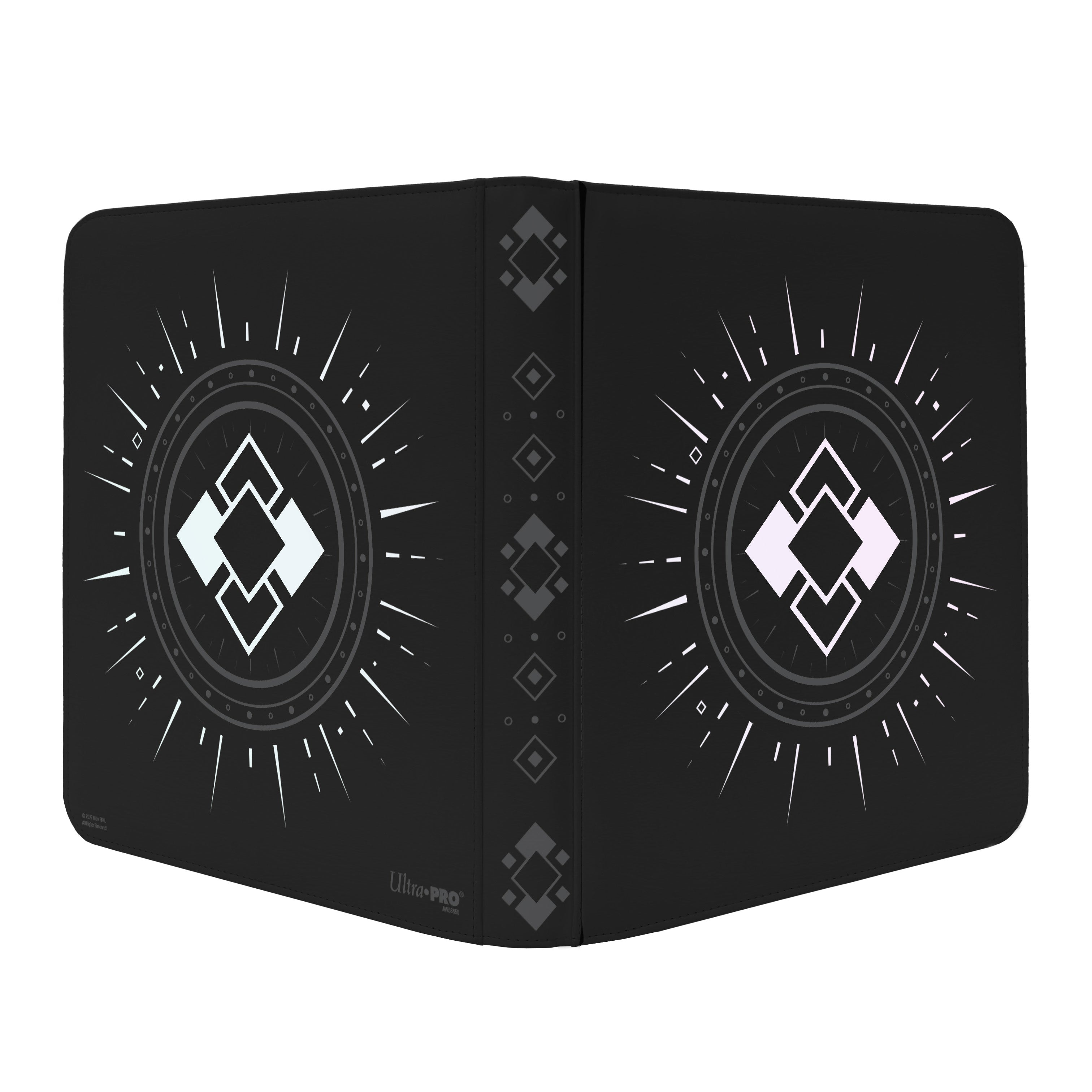 Ultra Pro Zippered PRO 12-Pocket Binder - Obsidian (PREORDER) - Black zippered binder with 12 pockets, featuring white geometric designs and subtle diamond patterns on spine and covers.