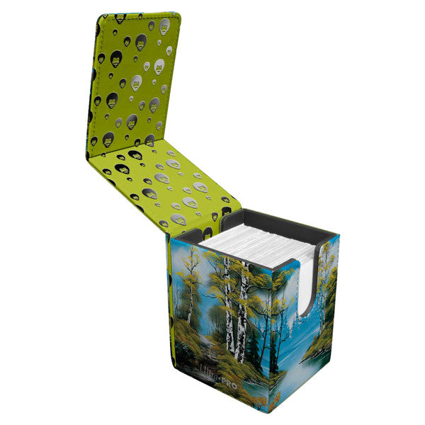 Deck Box: Alcove Flip: Bob Ross: Lakeside Path - Deck box with hinged lid featuring Bob Ross birch tree lakeside painting and green interior patterned with Bob Ross faces.