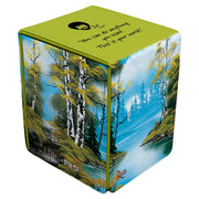 Deck Box: Alcove Flip: Bob Ross: Lakeside Path - Small rectangular deck box with a scenic lakeside path painting featuring birch trees, blue water, and green foliage on a.