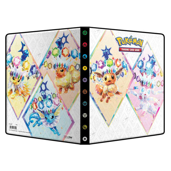 Ultra Pro Binder: 9-Pocket: Portfolio: Pokemon: Scarlet & Violet: Prismatic Evolutions, 252 cards - White Ultra Pro binder with geometric diamond panels featuring Pikachu, Eevee, and other Pokemon in colorful Scarlet &.