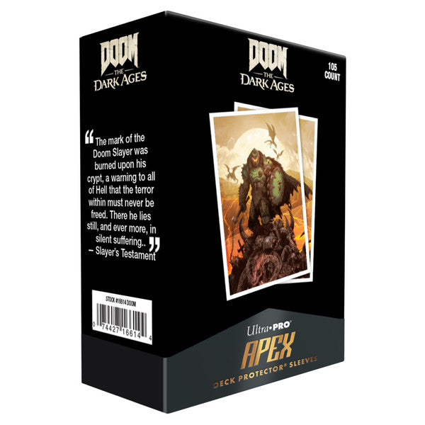 Deck Protector: Apex: Doom: The Dark Ages: Wrath (105) - Black rectangular box with Doom Dark Ages branding, featuring fantasy warrior artwork on front and Apex deck protector label.