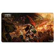 Playmat: Doom: The Dark Ages: Onslaught - Dark fantasy playmat featuring armored warrior battling dragons and warriors in fiery battlefield setting.