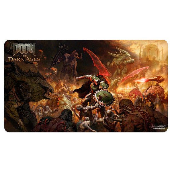 Playmat: Doom: The Dark Ages: Onslaught - Dark fantasy playmat featuring armored warrior battling dragons and warriors in fiery battlefield setting.