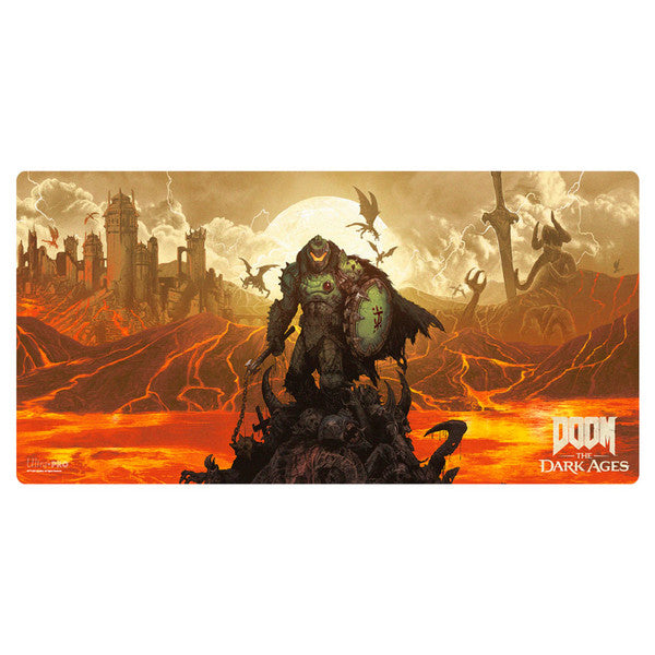 Deskmat: Doom: The Dark Ages: Wrath (Extended) - Extended deskmat with fiery orange and brown tones, featuring a dark armored warrior standing on rocky terrain amid volcanic