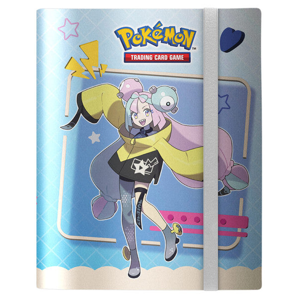 Binder: 9-Pocket: PRO: Pokémon: Iono & Bellibolt - Blue and beige Pokémon card binder featuring Iono with Bellibolt design, elastic strap closure.